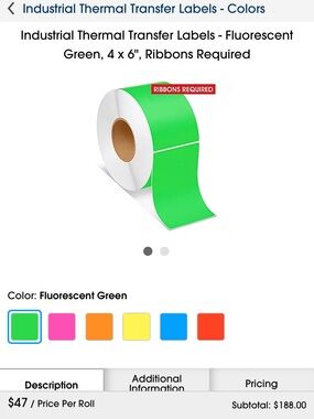 Fluorescent Green Industrial Thermal Transfer shipping Labels Rolls 1,000 4 x 6